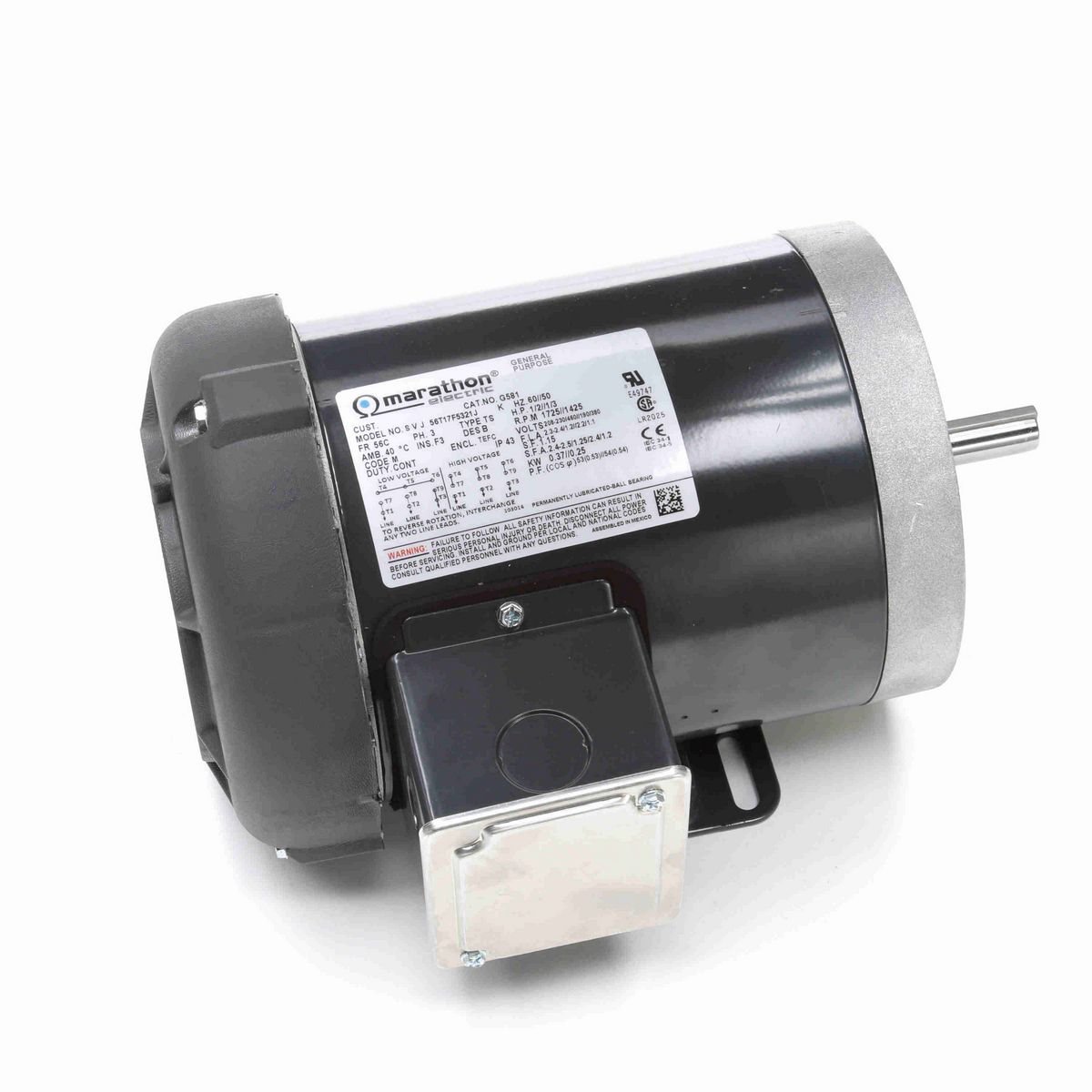 General Purpose Motor, 0.50 & 0.33 HP, 3 Ph, 60 & 50 Hz, 208-230/460 & 190/380 V, 1800 & 1500 RPM, 56C Frame, TEFC - G581