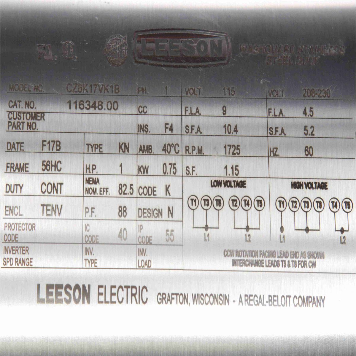 Premium Duck™ General Purpose Motor, 1 HP, 1 Ph, 60 Hz, 115/230 V, 1800 RPM, 56HC Frame, TENV - 116348.00