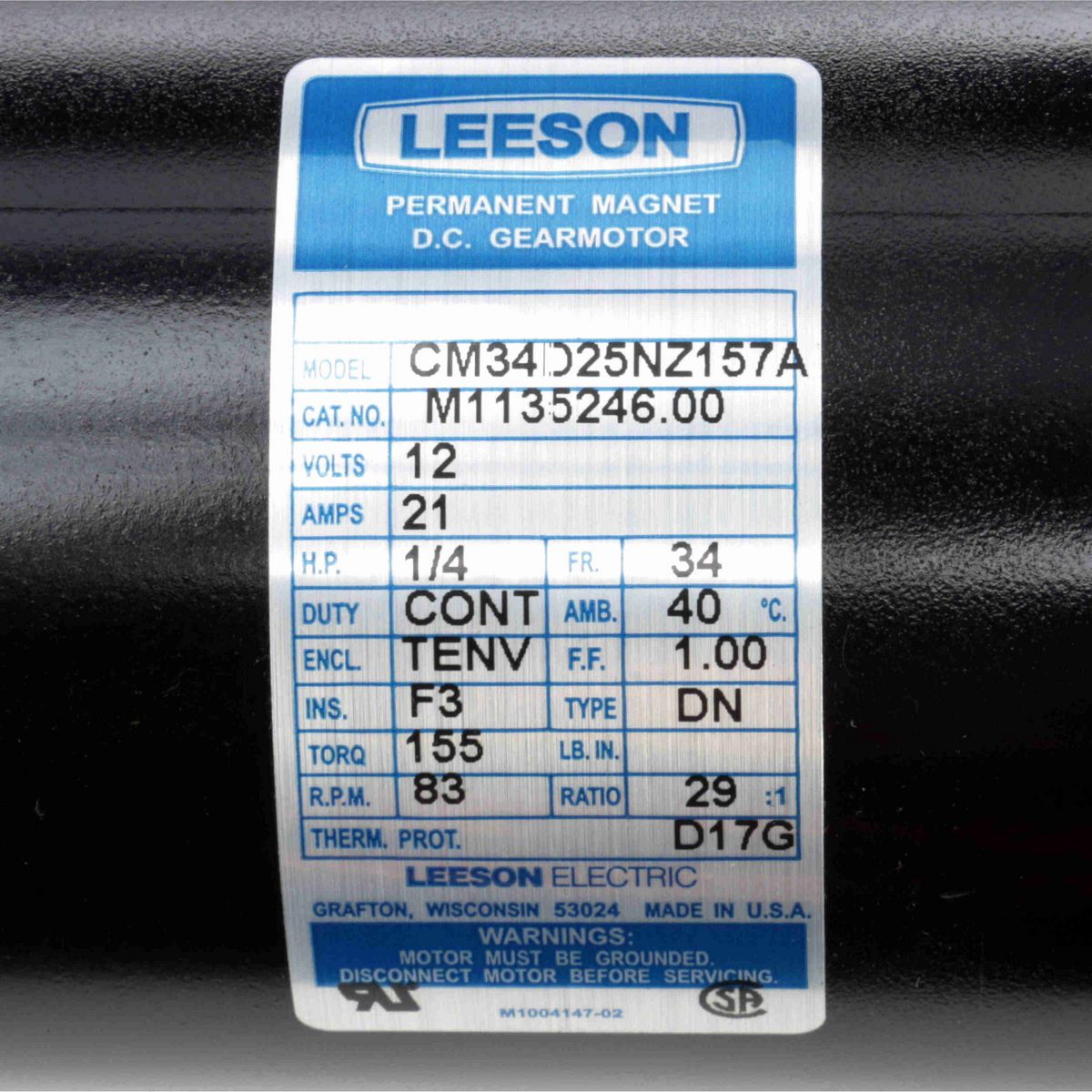 Parallel Shaft Gearmotor, 0.25 HP, 12 V, 83 RPM, 34 Frame, TENV - M1135246.00