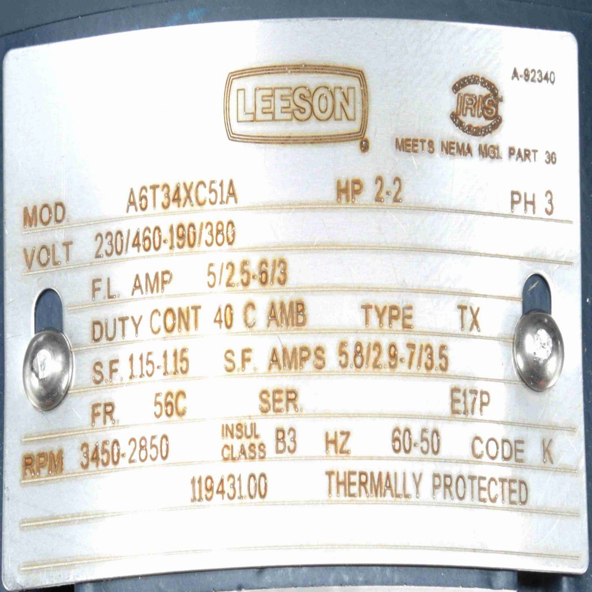 Explosion Proof Motor, 2 & 2 HP, 3 Ph, 60 & 50 Hz, 230/460 & 190/380 V, 3600 & 3000 RPM, 56C Frame, EPFC - 119431.00