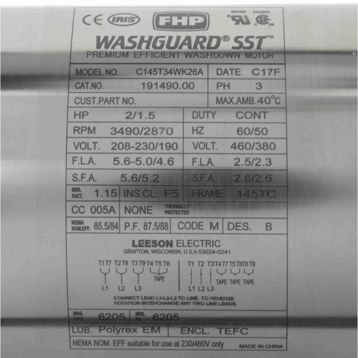SST Duck™ General Purpose Motor, 2 & 1.50 HP, 3 Ph, 60 & 50 Hz, 230/460 & 190/380 V, 3600 & 3000 RPM, 145TC Frame, TEFC - 191490.00
