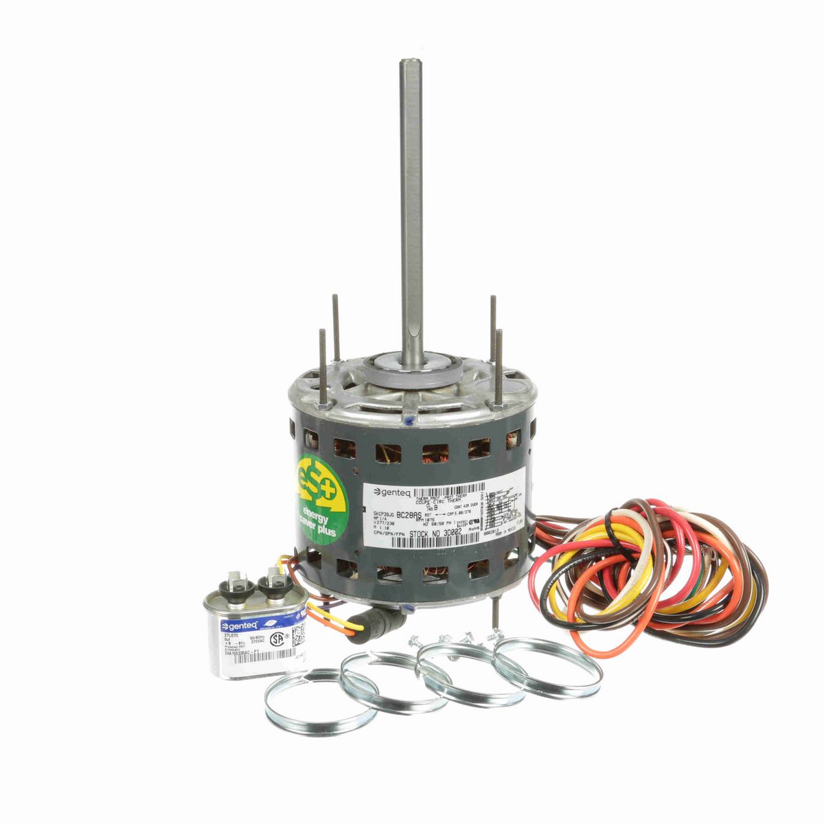 Genteq Fan and Blower Motor, 1/4 HP, 1 Ph, 60/50 Hz, 277/230 V, 1075 RPM, 4 Speed, 48 Frame, OPAO - 3D002