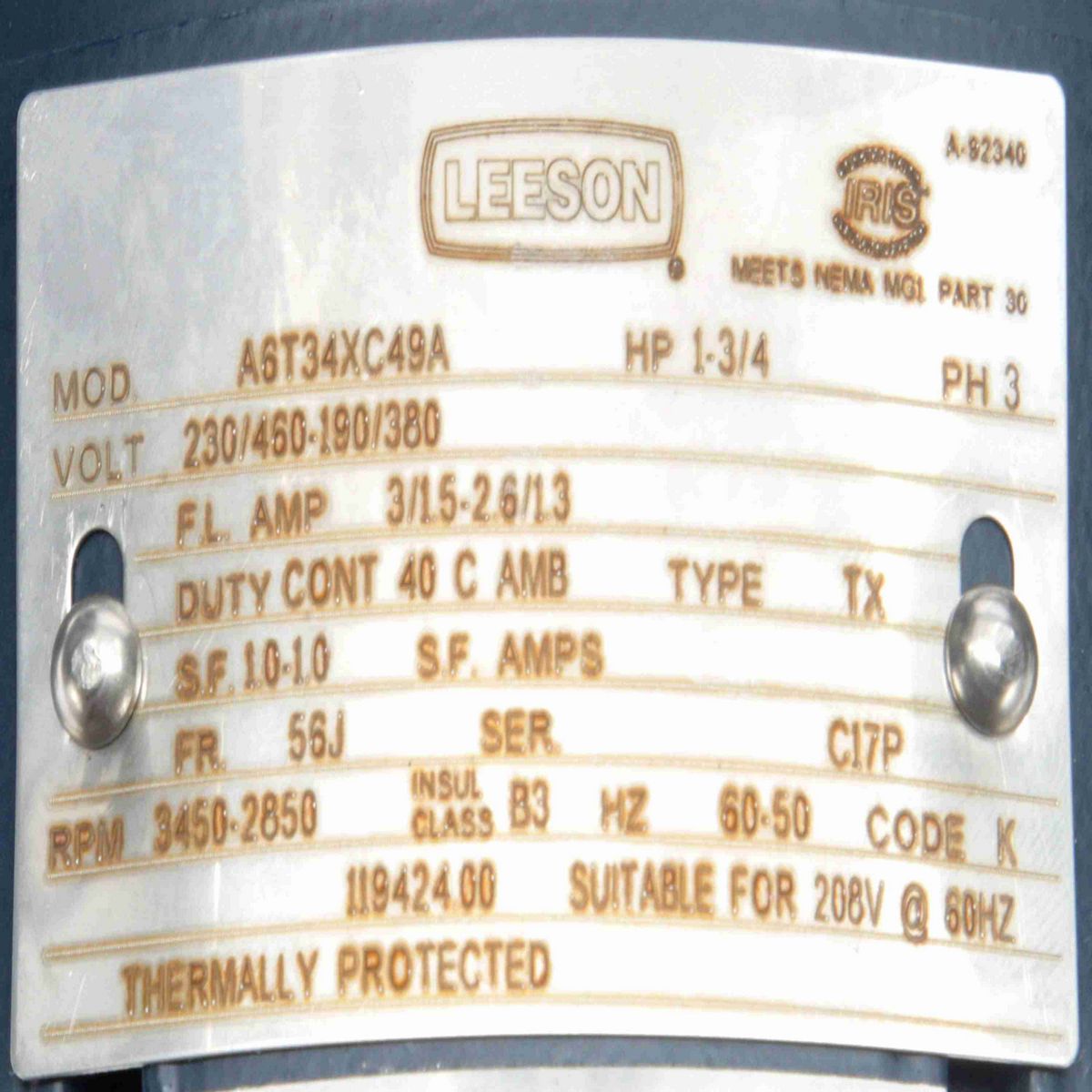 Explosion Proof Motor, 1 & 0.75 HP, 3 Ph, 60 & 50 Hz, 230/460 & 190/380 V, 3600 & 3000 RPM, 56J Frame, EPFC - 119424.00