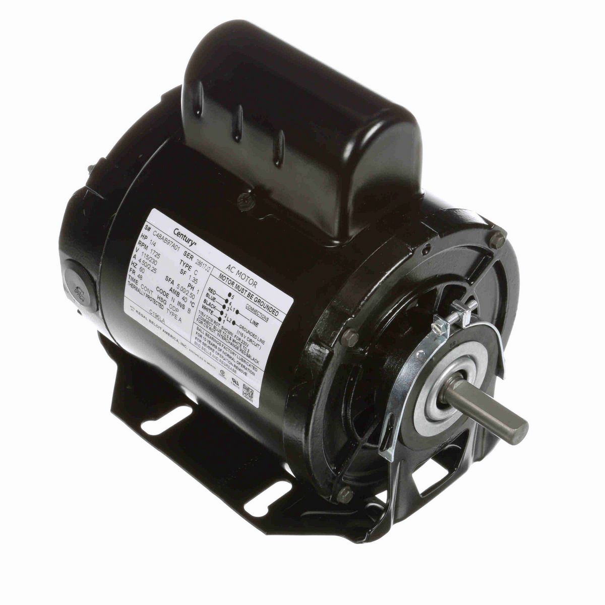 Fan and Blower Motor, 1/4 HP, 1 Ph, 60 Hz, 115/230 V, 1800 RPM, 48 Frame, ODP - C196LA