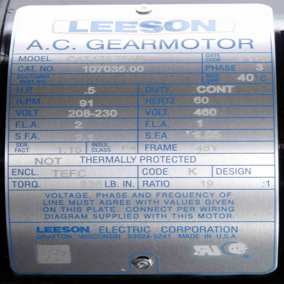Parallel Shaft Gearmotor, 0.50 HP, 3 Ph, 60 Hz, 208-230/460 V, 91 RPM, 48Y Frame, TEFC - 107035.00