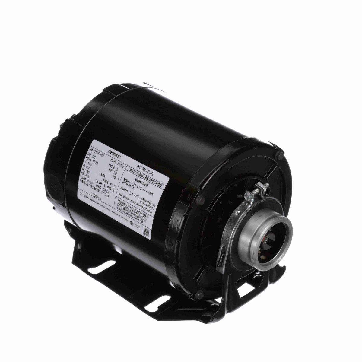 Carbonator Pump Motor, 1/3 HP, 1 Ph, 60 Hz, 115 V, 1800 RPM, 48Y Frame, OPEN - CB2034A