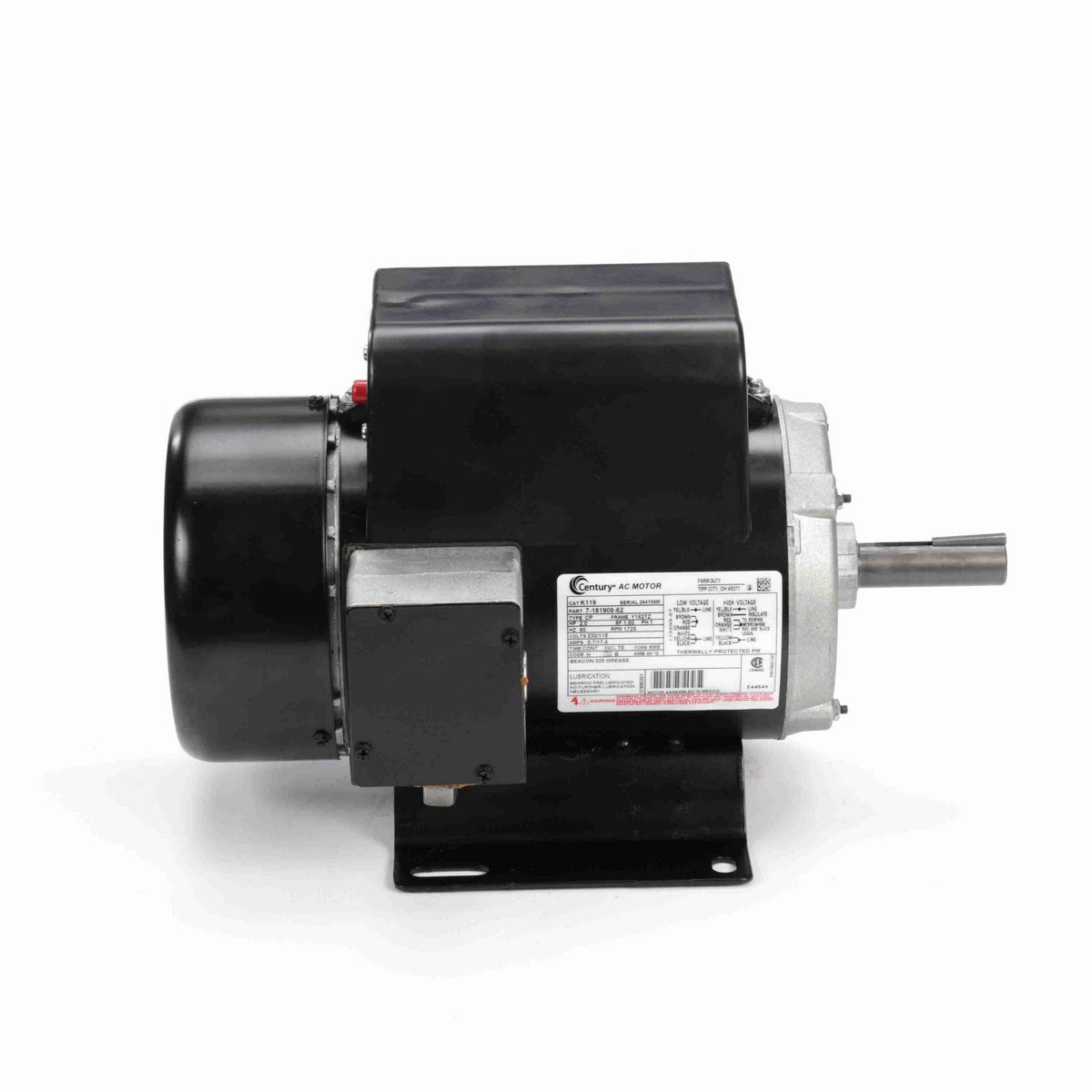 Century General Purpose Farm Duty Motor, 2.0 HP, 1 Ph, 60 Hz, 230/115 V, 1800 RPM, Y182TZ Frame, TEFC - K119