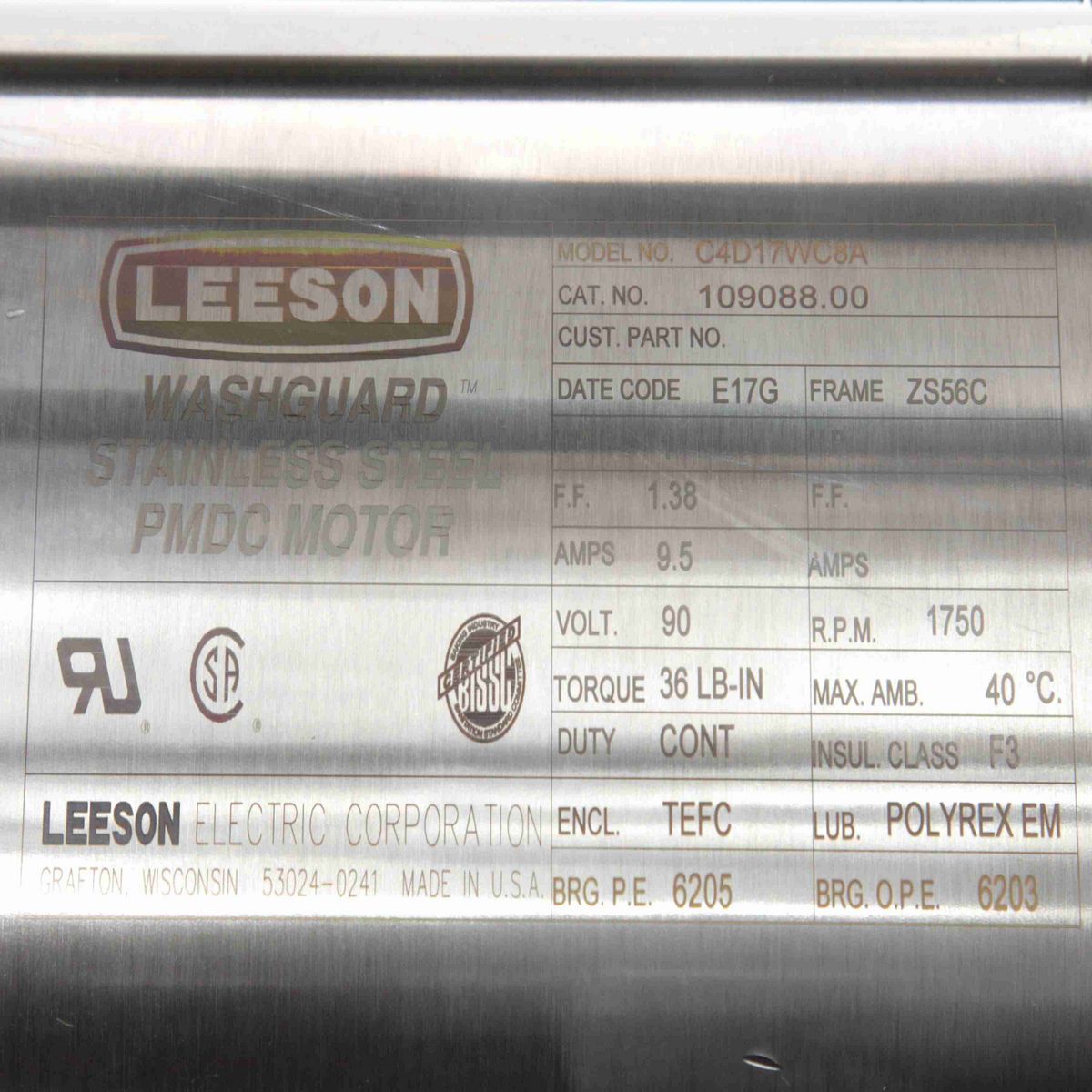 Premium Duck™ Washdown Motor, 1 HP, 90 V, 1750 RPM, ZS56C Frame, TEFC - 109088.00