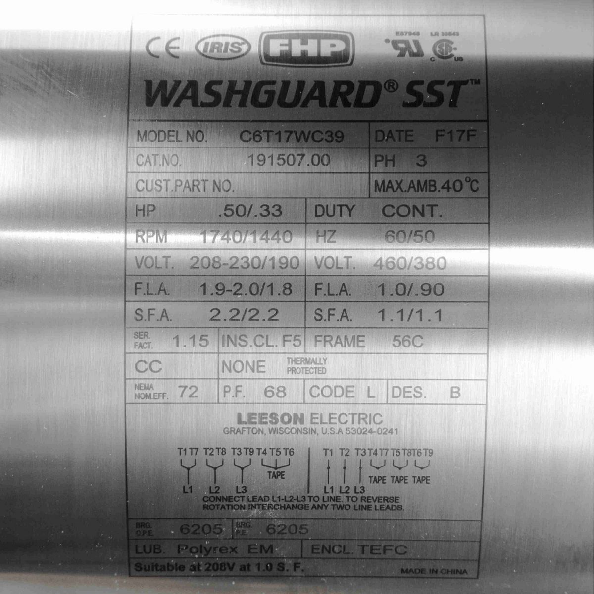 SST Duck™ General Purpose Motor, 0.50 & 0.33 HP, 3 Ph, 60 & 50 Hz, 230/460 & 190/380 V, 1800 & 1500 RPM, 56C Frame, TEFC - 191507.00