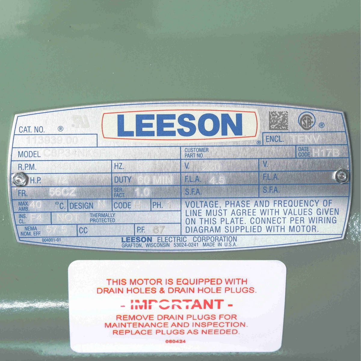General Purpose Farm Duty Motor, 0.50 HP, 1 Ph, 60 Hz, 230 V, 3600 RPM, 56CZ Frame, TENV - 113939.00