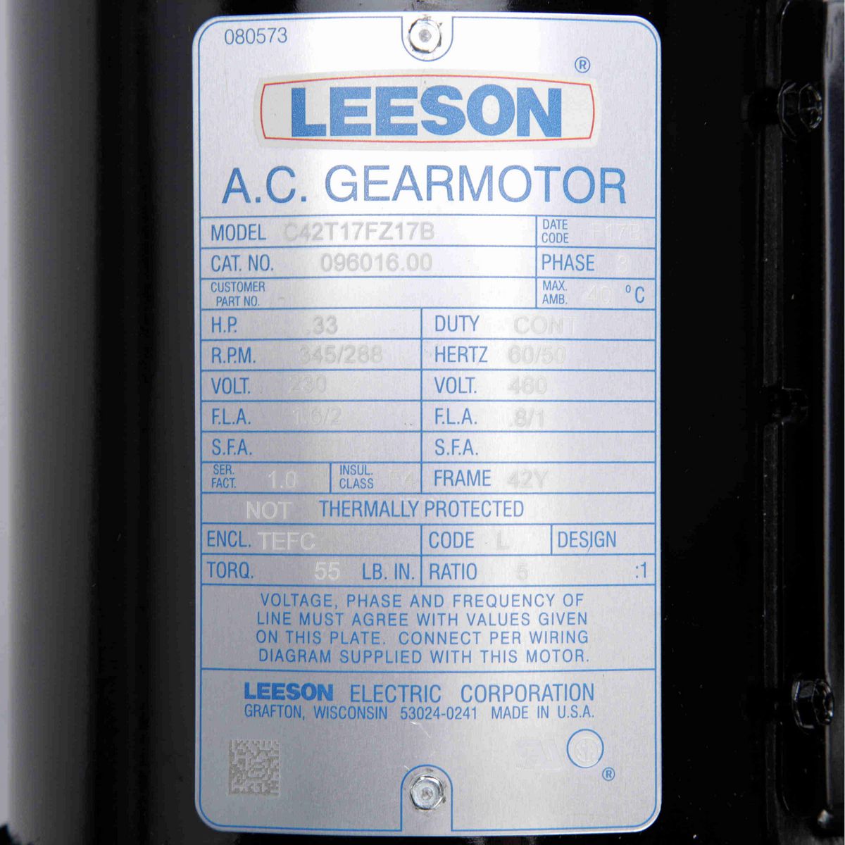 Parallel Shaft Gearmotor, 0.33 HP, 3 Ph, 60 Hz, 230 V, 345 RPM, 42Y Frame, TEFC - 096016.00