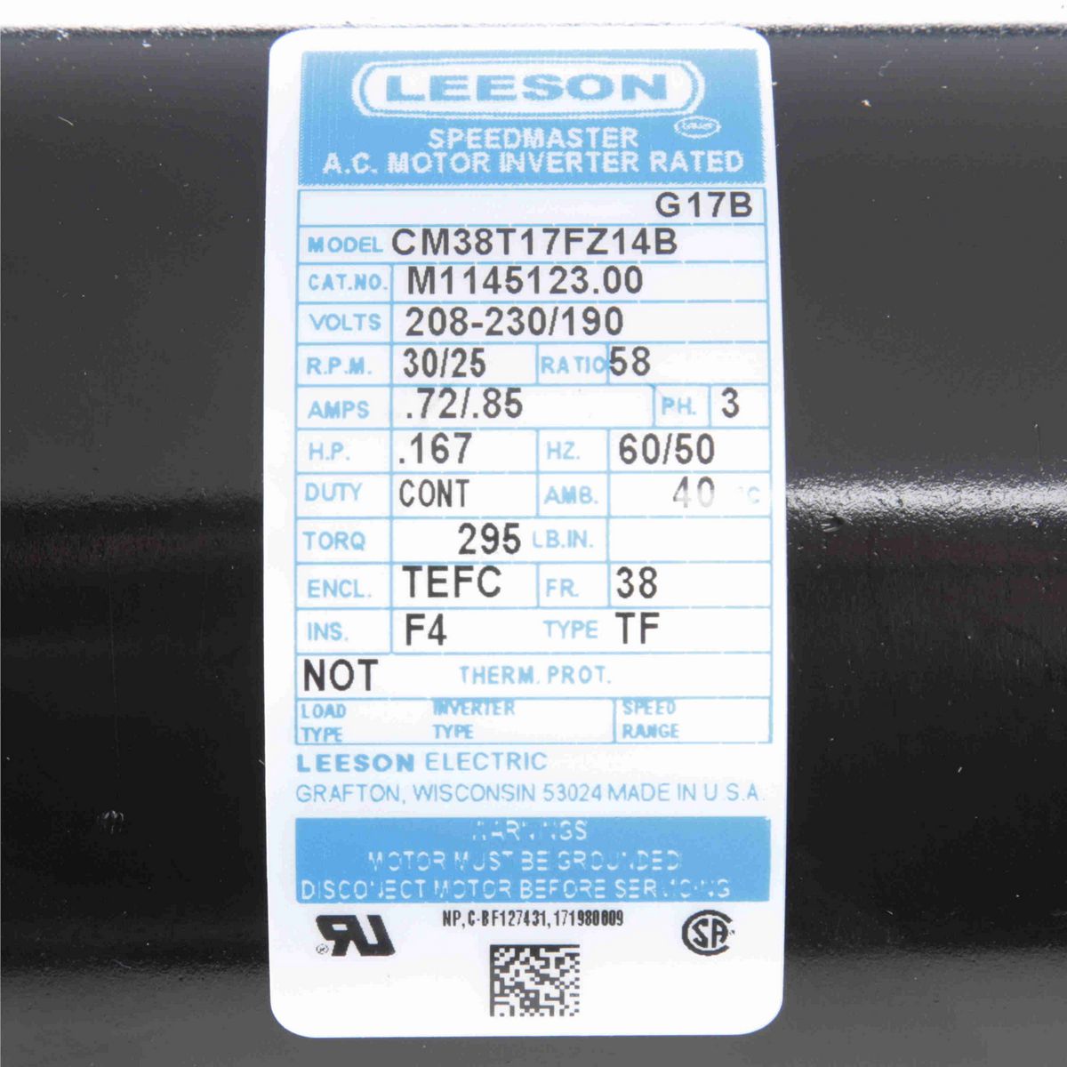 Parallel Shaft Gearmotor, 0.17 HP, 3 Ph, 208-230/190 V, 60/50Hz, 30 RPM, 38 Frame, TEFC - M1145123.00