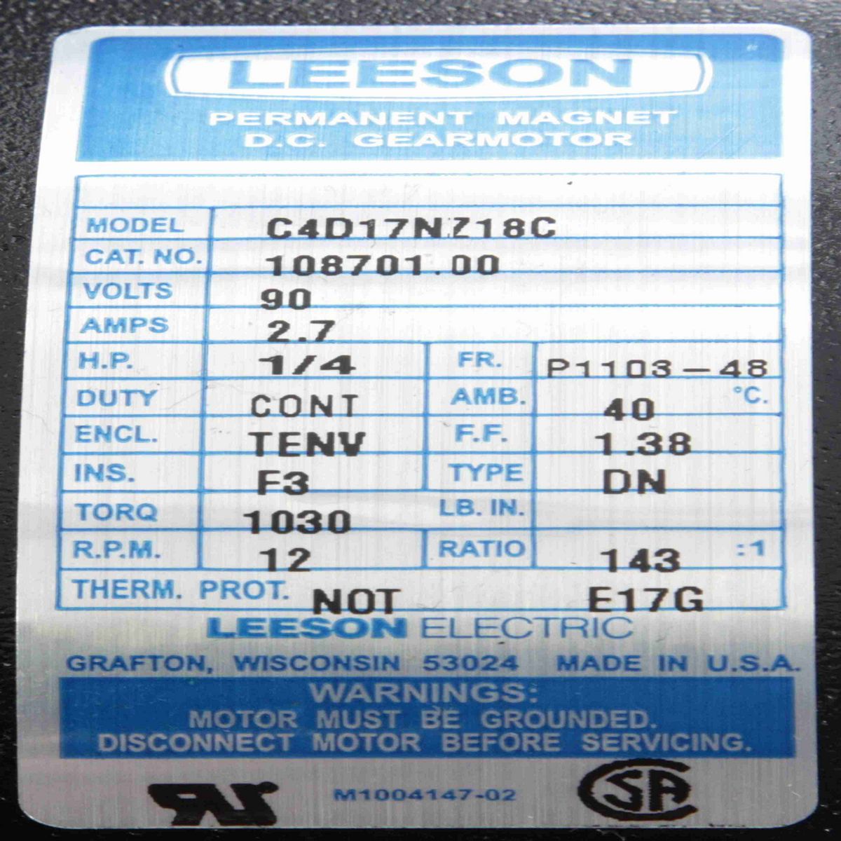 Parallel Shaft Gearmotor, 0.25 HP, 90 V, 12 RPM, 48Y Frame, TENV - 108701.00