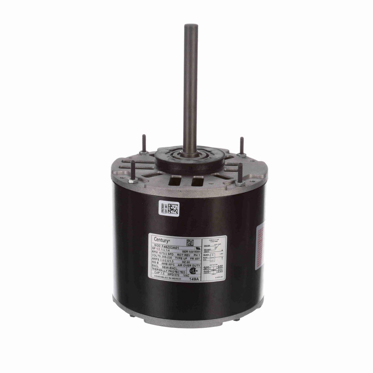 Century Fan and Blower Motor, 1/2,1/3,1/4 HP, 1 Ph, 60 Hz, 208-230 V, 1075 RPM, 3 Speed, 48 Frame, SEMI ENCL - 149A