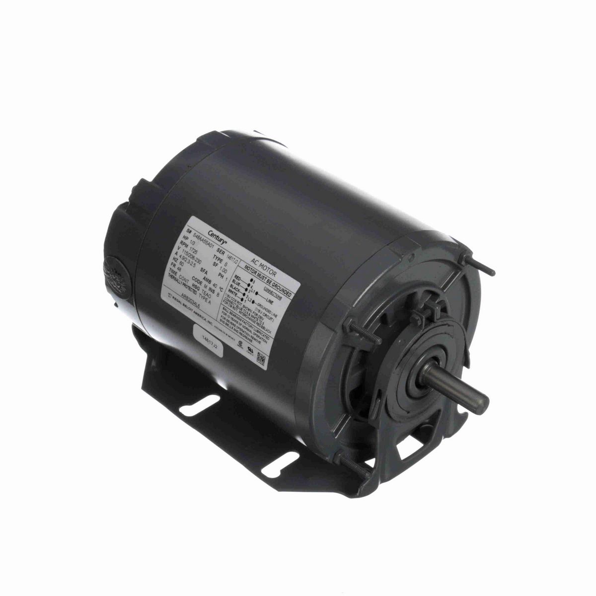 Fan and Blower Motor, 1/3 HP, 1 Ph, 60 Hz, 115/208-230 V, 1800 RPM, 48 Frame, TEAO - ARB2034L6
