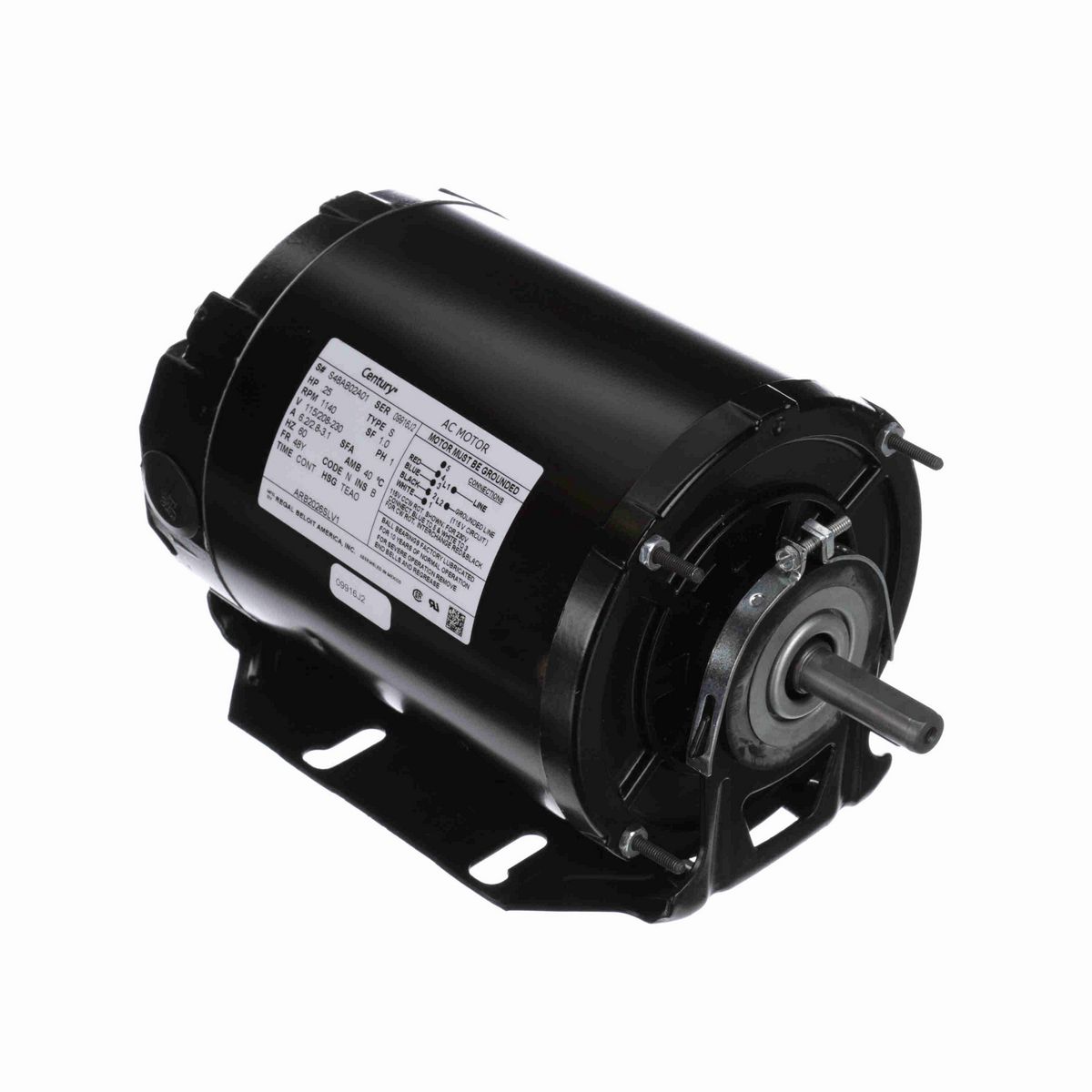 Fan and Blower Motor, .25 HP, 1 Ph, 60 Hz, 115/208-230 V, 1200 RPM, 48Y Frame, TEAO - ARB2026SLV1