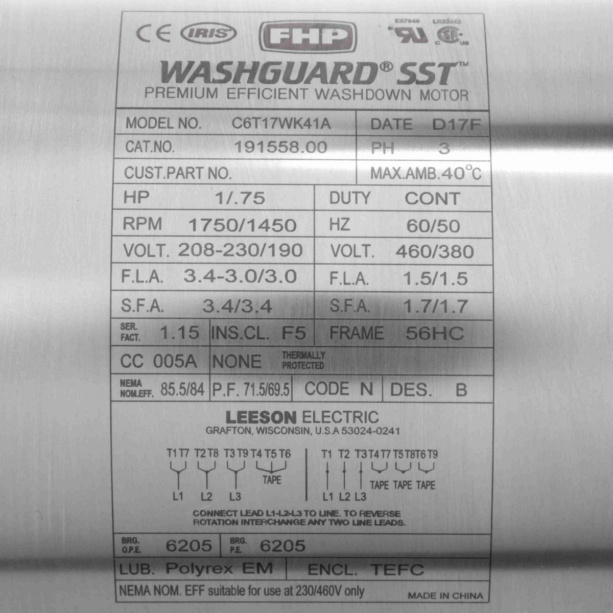SST Duck™ General Purpose Motor, 1 & 0.75 HP, 3 Ph, 60 & 50 Hz, 208-230/460 & 190/380 V, 1800 & 1500 RPM, 56HC Frame, TEFC - 191558.00