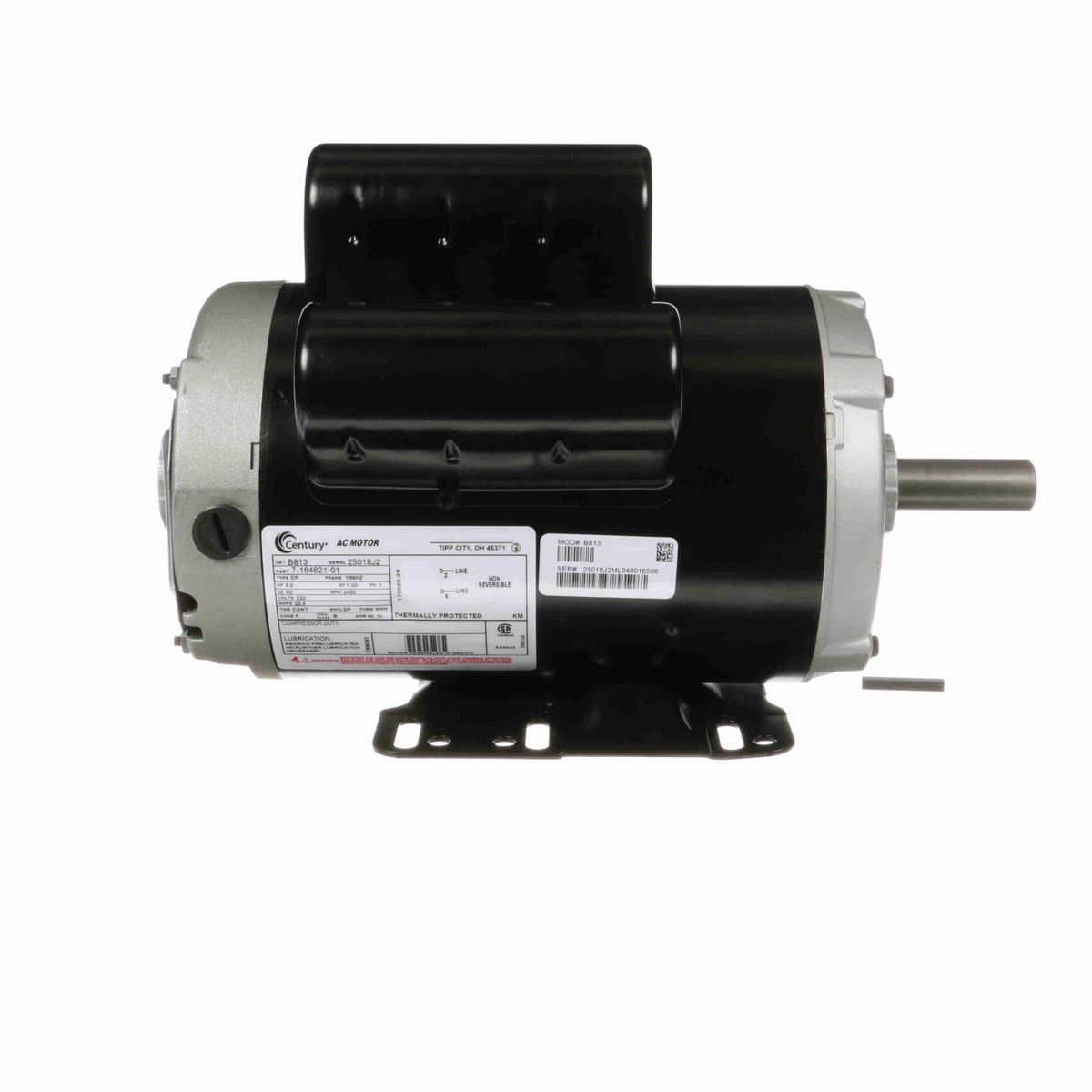 Century Air Compressor Motor, 5.0 HP, 1 Ph, 60 Hz, 230 V, 3600 RPM, Y56HZ Frame, DP - B813