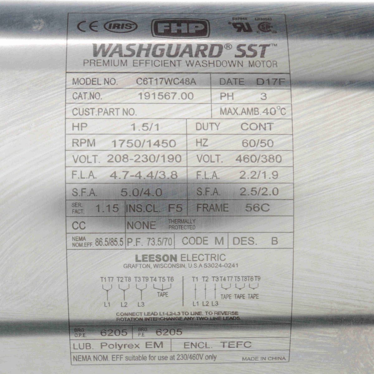 SST Duck™ General Purpose Motor, 1.50 & 1 HP, 3 Ph, 60 & 50 Hz, 230/460 & 190/380 V, 1800 & 1500 RPM, 56C Frame, TEFC - 191567.00