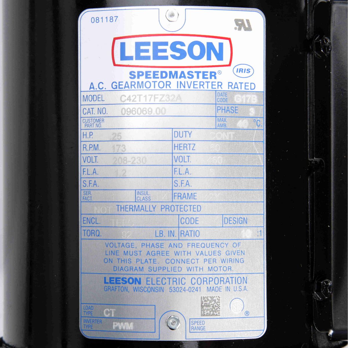 Parallel Shaft Gearmotor, 0.25 HP, 3 Ph, 60 Hz, 208-230/460 V, 173 RPM, 42Y Frame, TEFC - 096069.00