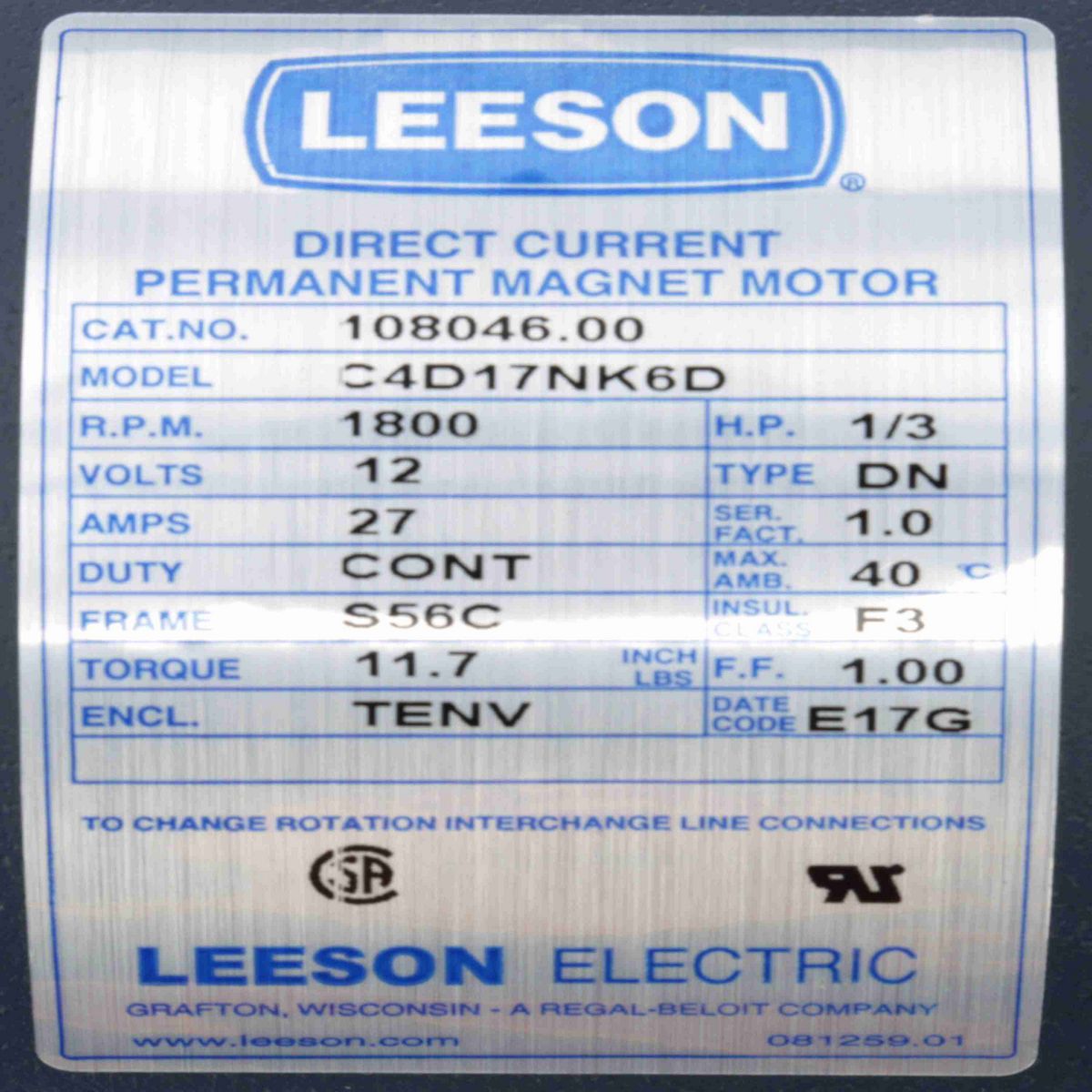 Low Voltage Motor, 0.33 HP, 12 V, 1800 RPM, S56C Frame, TENV - 108046.00