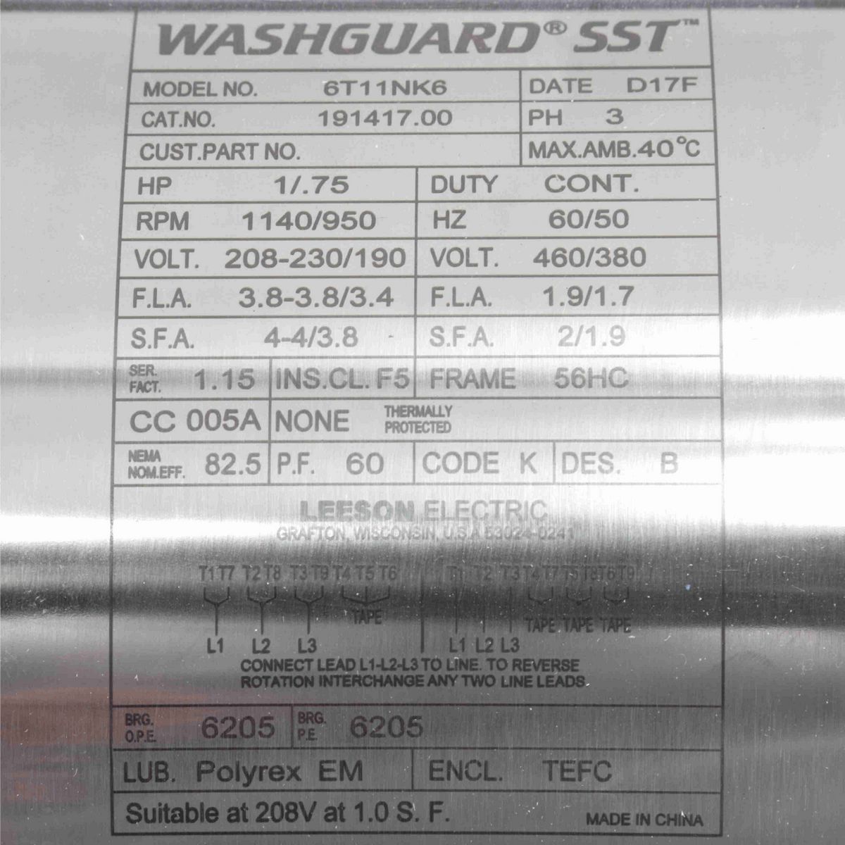 SST Duck™ General Purpose Motor, 1 & 0.75 HP, 3 Ph, 60 & 50 Hz, 230/460 & 190/380 V, 1200 & 1000 RPM, 56HC Frame, TEFC - 191417.00