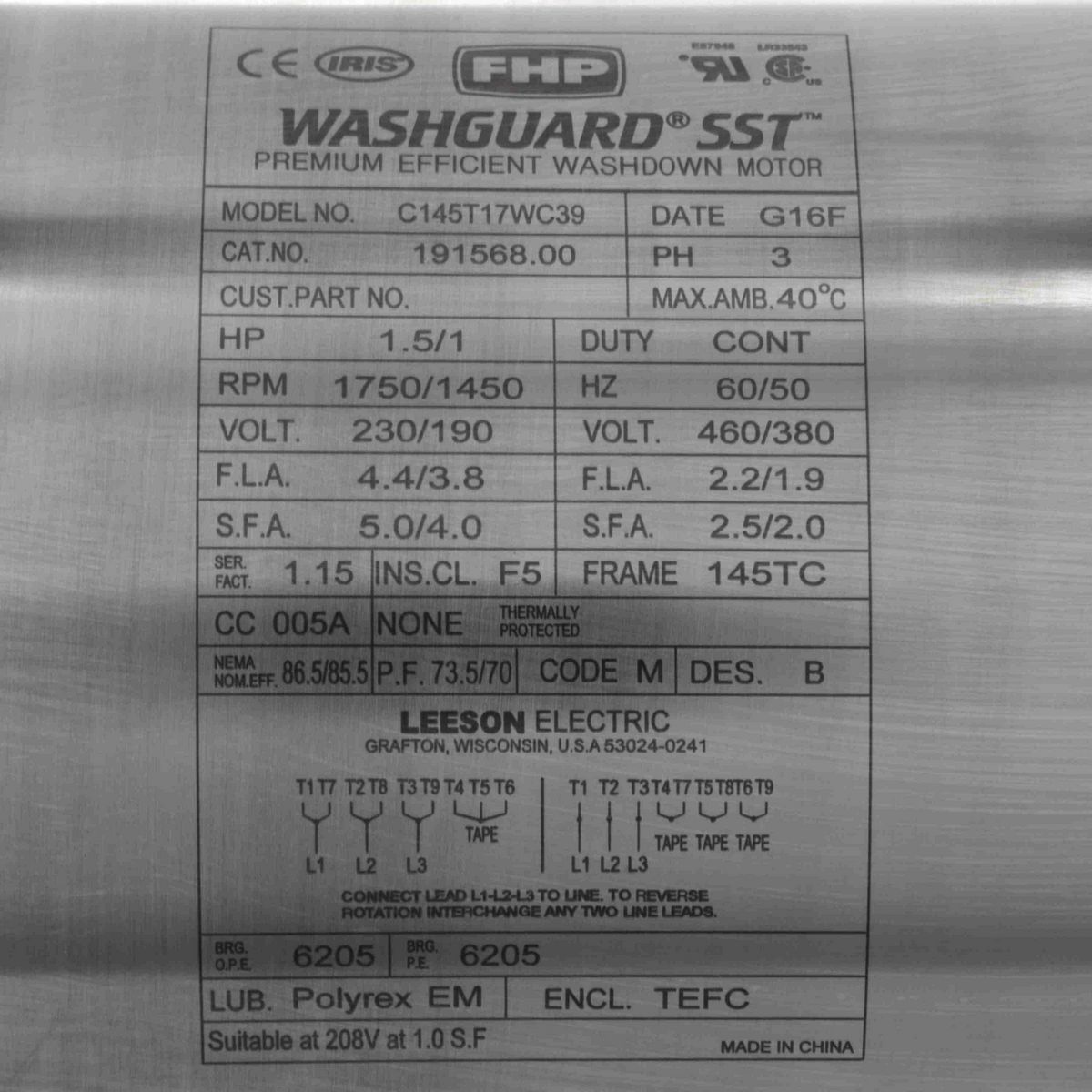 SST Duck™ General Purpose Motor, 1.50 & 1 HP, 3 Ph, 60 & 50 Hz, 230/460 & 190/380 V, 1800 & 1500 RPM, 145TC Frame, TEFC - 191568.00