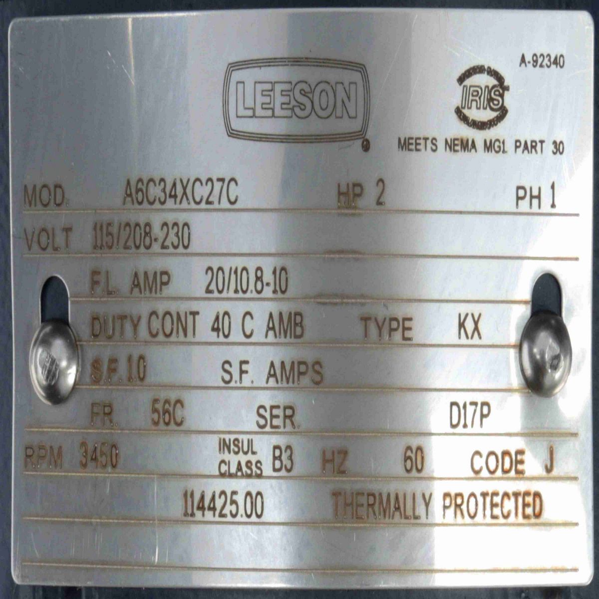 Explosion Proof Motor, 2 HP, 1 Ph, 60 Hz, 115/208-230 V, 3600 RPM, 56C Frame, EPFC - 114425.00