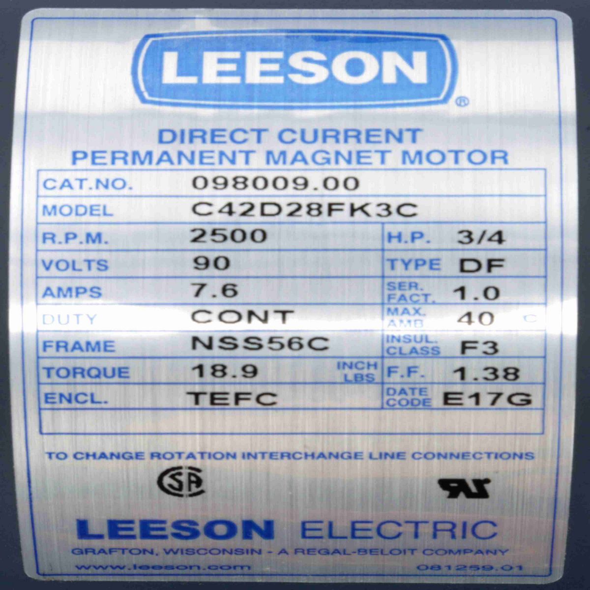 SCR Motor, 0.75 HP, 90 V, 2500 RPM, SS56C Frame, TEFC - 098009.00