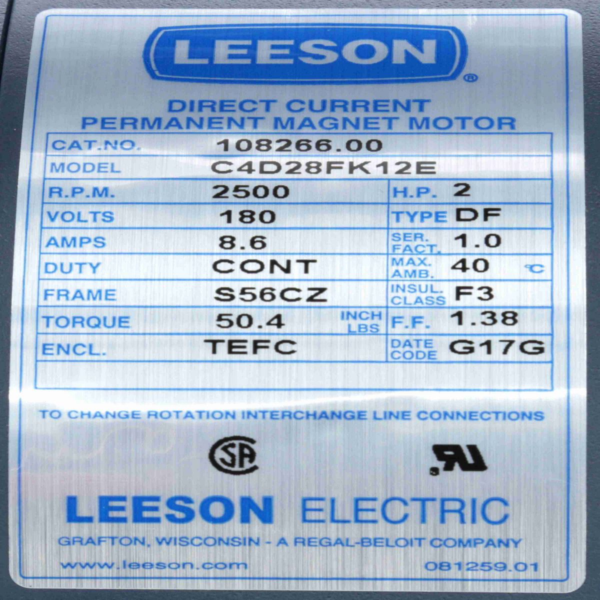 SCR Motor, 2 HP, 180 V, 2500 RPM, S56CZ Frame, TEFC - 108266.00