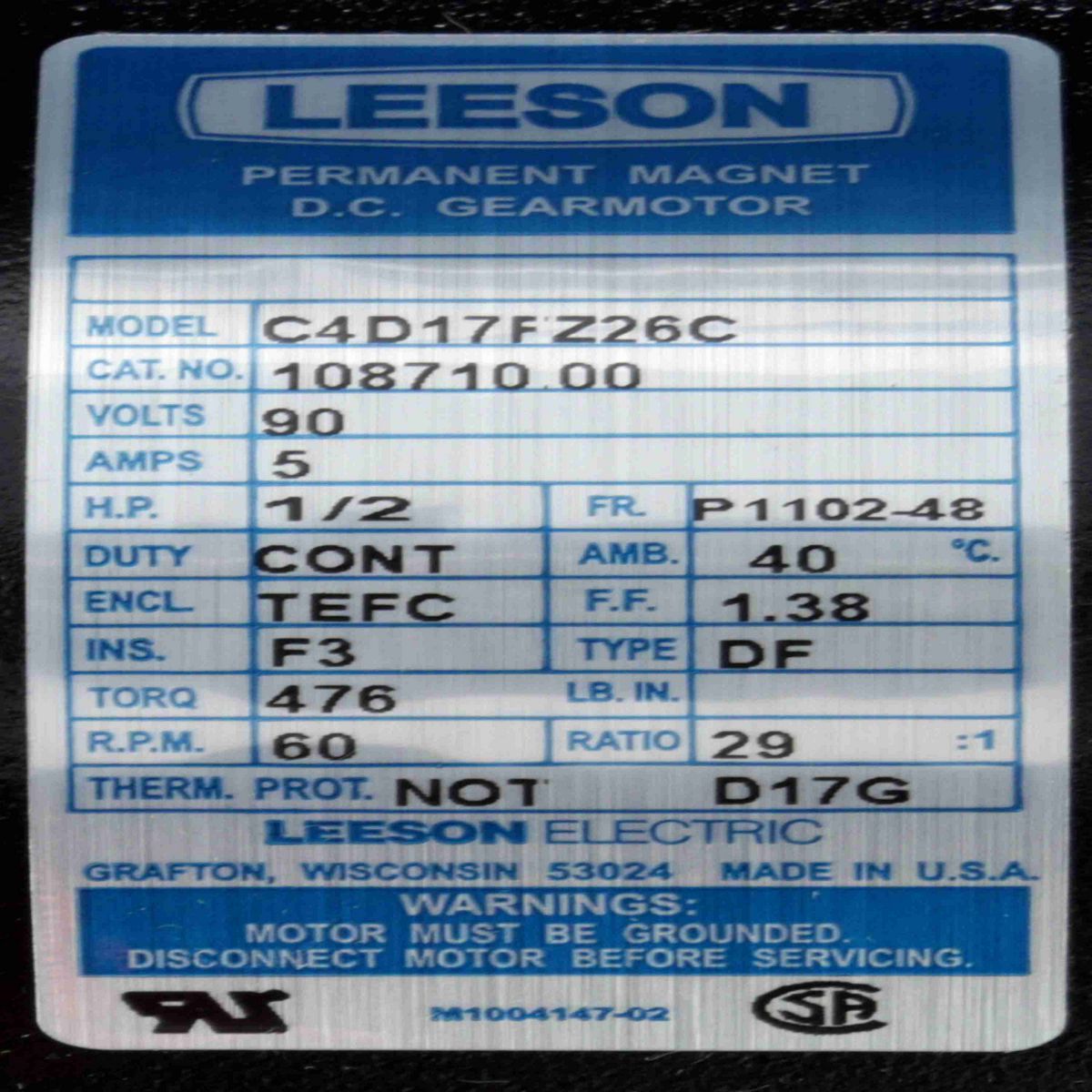 Parallel Shaft Gearmotor, 0.50 HP, 90 V, 60 RPM, 48Y Frame, TEFC - 108710.00