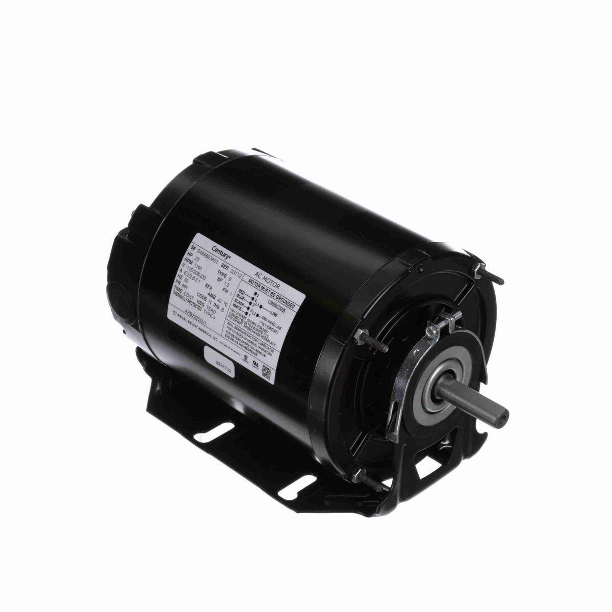 Fan and Blower Motor, .25 HP, 1 Ph, 60 Hz, 115/208-230 V, 1200 RPM, 48Y Frame, TEAO - ARB2026SV1