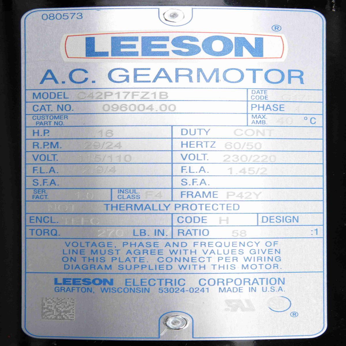 Parallel Shaft Gearmotor, 0.16 HP, 1 Ph, 60 Hz, 110 V, 29 RPM, P42Y Frame, TEFC - 096004.00