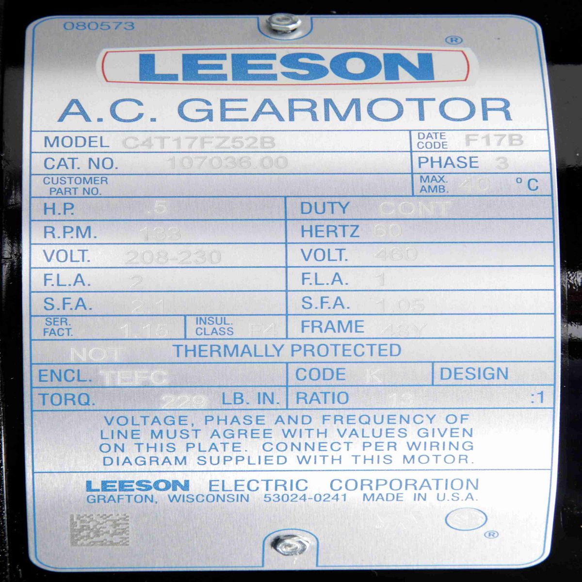 Parallel Shaft Gearmotor, 0.50 HP, 3 Ph, 60 Hz, 208-230/460 V, 133 RPM, 48Y Frame, TEFC - 107036.00