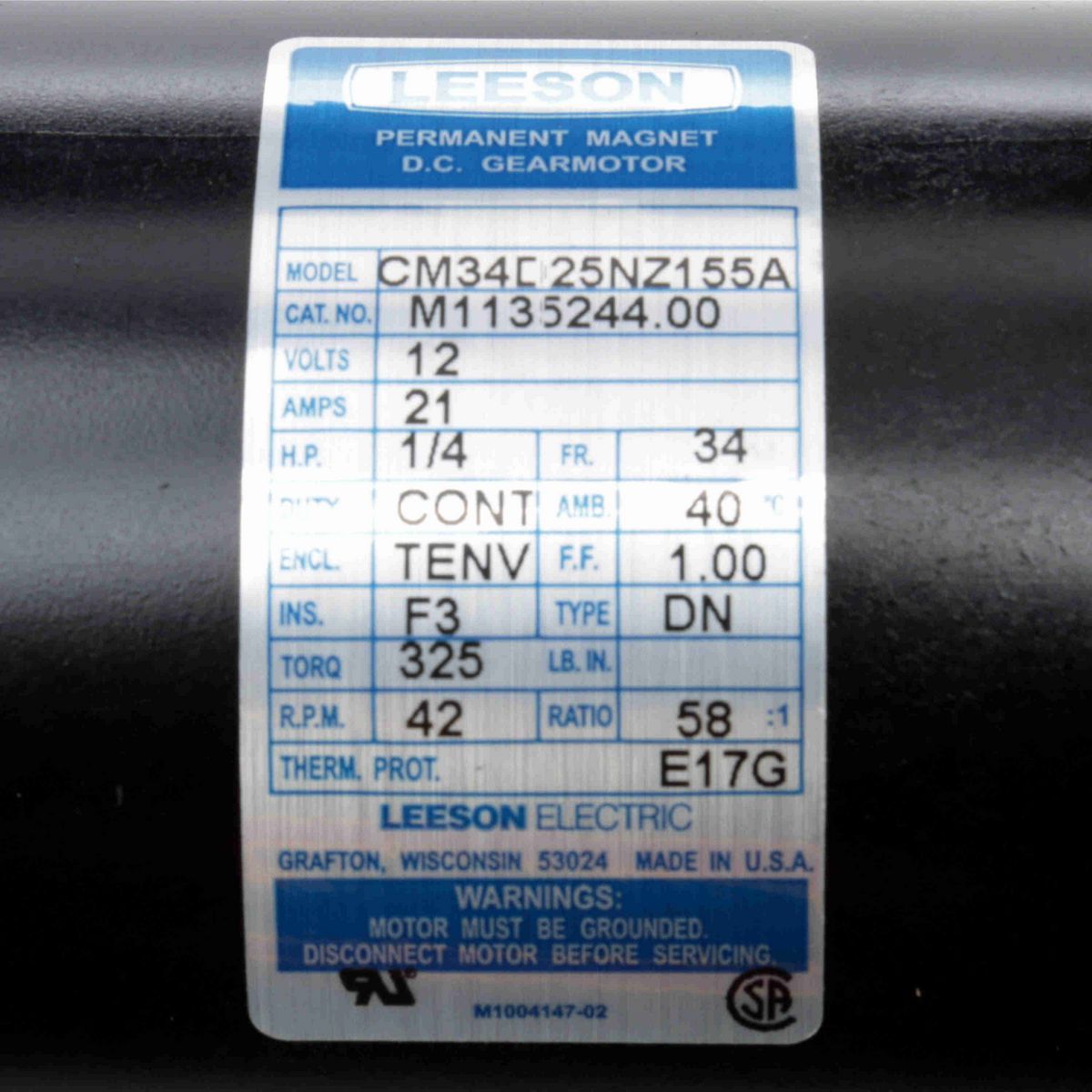 Parallel Shaft Gearmotor, 0.25 HP, 12 V, 42 RPM, 34 Frame, TENV - M1135244.00