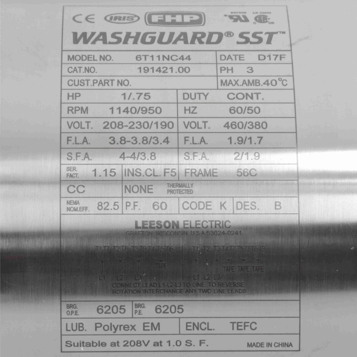SST Duck™ General Purpose Motor, 1 & 0.75 HP, 3 Ph, 60 & 50 Hz, 230/460 & 190/380 V, 1200 & 1000 RPM, 56C Frame, TEFC - 191421.00