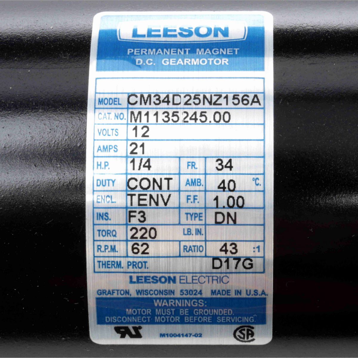 Parallel Shaft Gearmotor, 0.25 HP, 12 V, 62 RPM, 34 Frame, TENV - M1135245.00