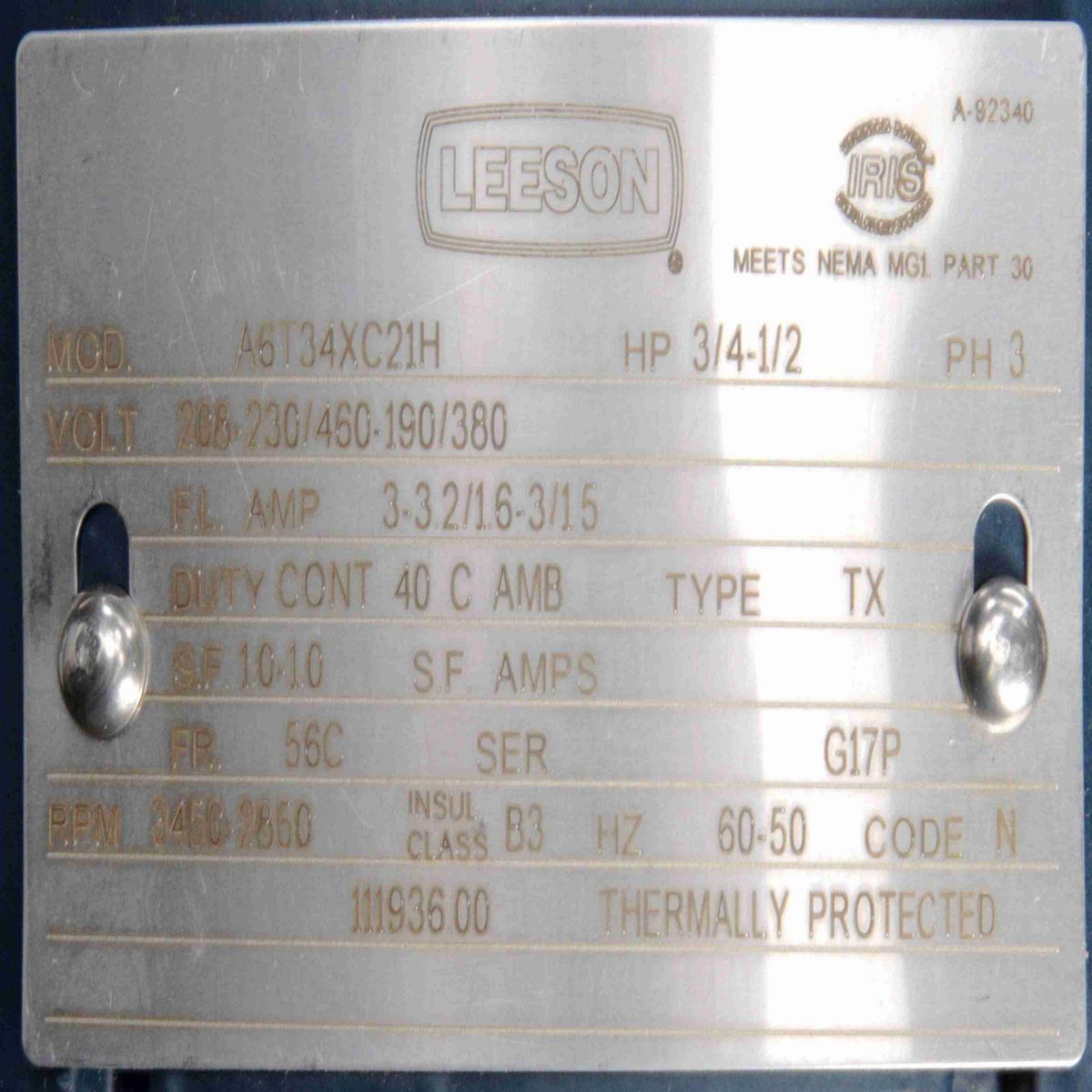 Explosion Proof Motor, 0.75 & 0.50 HP, 3 Ph, 60 & 50 Hz, 208-230/460 & 190/380 V, 3600 & 3000 RPM, 56C Frame, EPFC - 111936.00