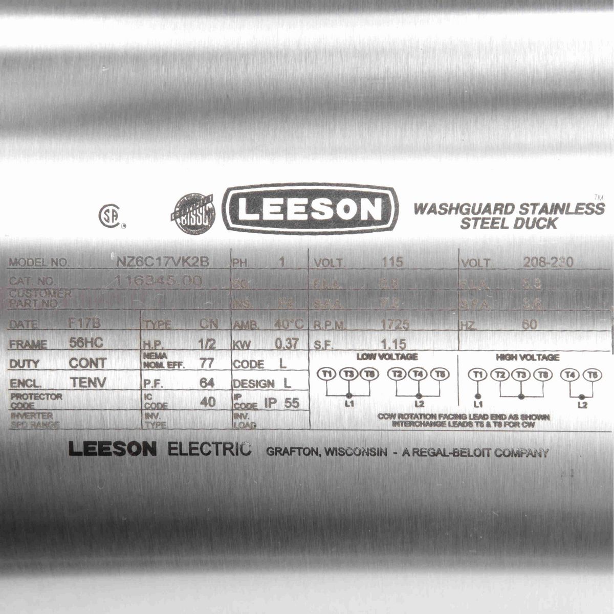 Premium Duck™ General Purpose Motor, 0.50 HP, 1 Ph, 60 Hz, 115/230 V, 1800 RPM, 56HC Frame, TENV - 116345.00