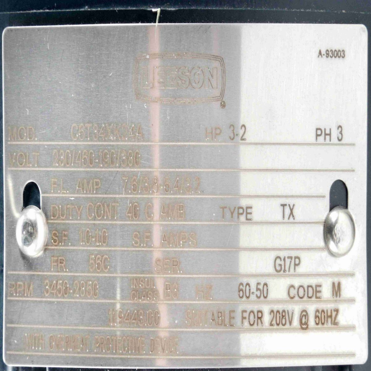 Explosion Proof Motor, 3 & 2 HP, 3 Ph, 60 & 50 Hz, 230/460 & 190/380 V, 3600 & 3000 RPM, 56C Frame, EPFC - 119443.00