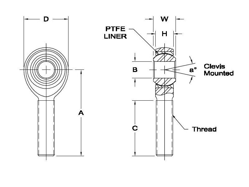 Aurora Bearing SM-T & SB-T Series Male Rod Ends (PTFE) Lined - Corrosion Resistant - Precision - Self-Lubricating Timken SM-4T