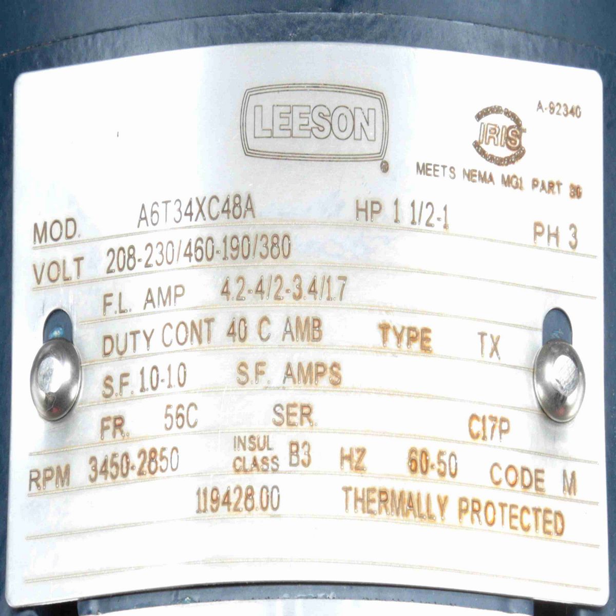 Explosion Proof Motor, 1.50 & 1 HP, 3 Ph, 60 & 50 Hz, 208-230/460 & 190/380 V, 3600 & 3000 RPM, 56C Frame, EPFC - 119428.00