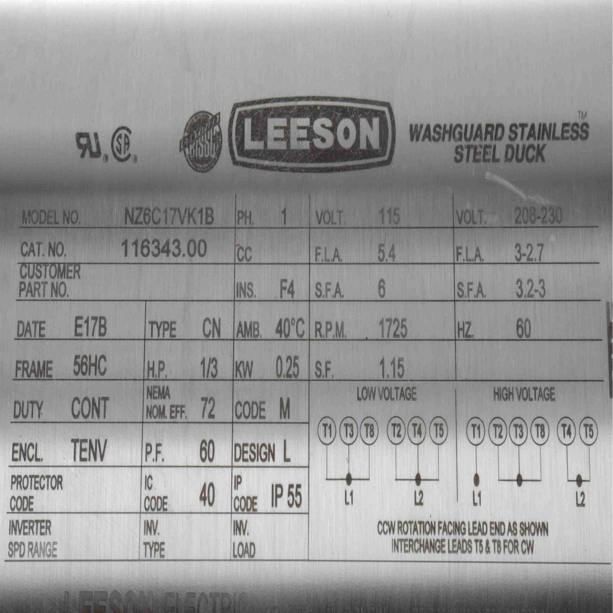 Premium Duck™ General Purpose Motor, 0.33 HP, 1 Ph, 60 Hz, 115/230 V, 1800 RPM, 56HC Frame, TENV - 116343.00