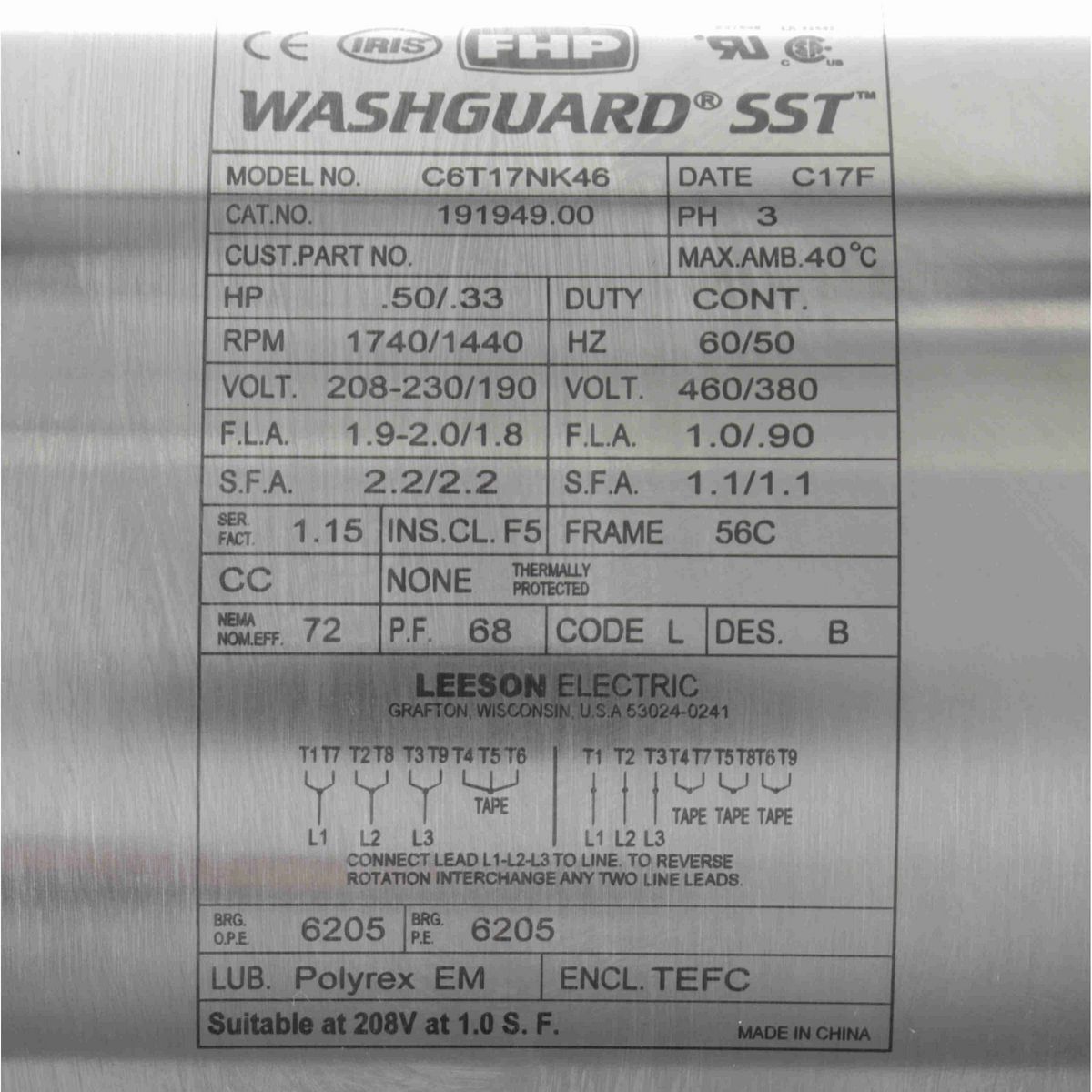 SST Duck™ General Purpose Motor, 0.50 & 0.33 HP, 3 Ph, 60 & 50 Hz, 230/460 & 190/380 V, 1800 & 1500 RPM, 56C Frame, TEFC - 191949.00