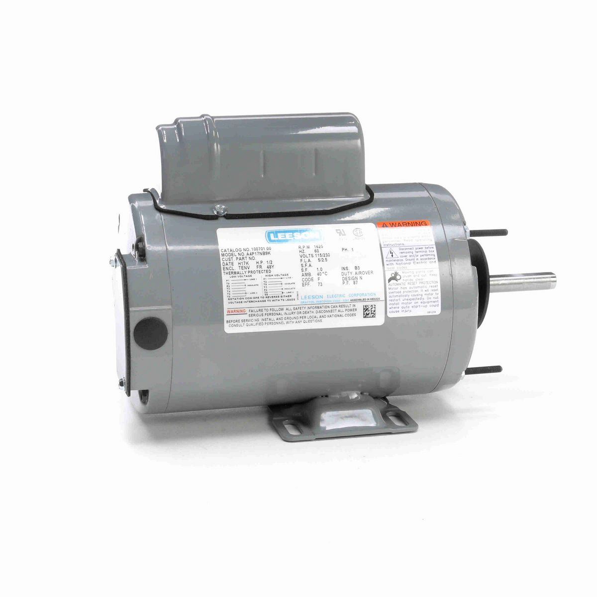 LEESON Agricultural Motor, 0.50 HP, 1 Ph, 60 Hz, 115/230 V, 1800 RPM, 48Y Frame, TEAO - 100701.00