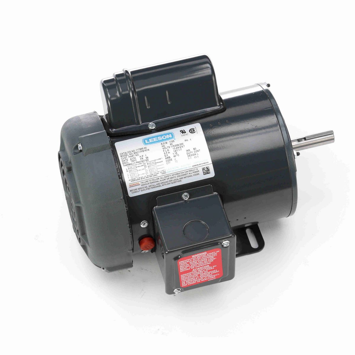 LEESON Agricultural Motor, 1 HP, 1 Ph, 60 Hz, 115/208-230 V, 1800 RPM, 56 Frame, TEFC - M009088.00