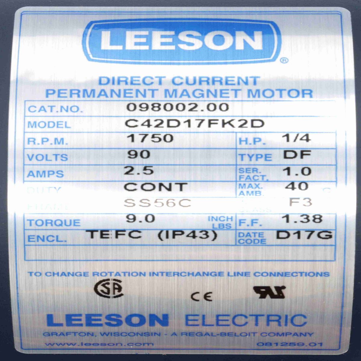 SCR Motor, 0.25 HP, 90 V, 1750 RPM, SS56C Frame, TEFC - 098002.00