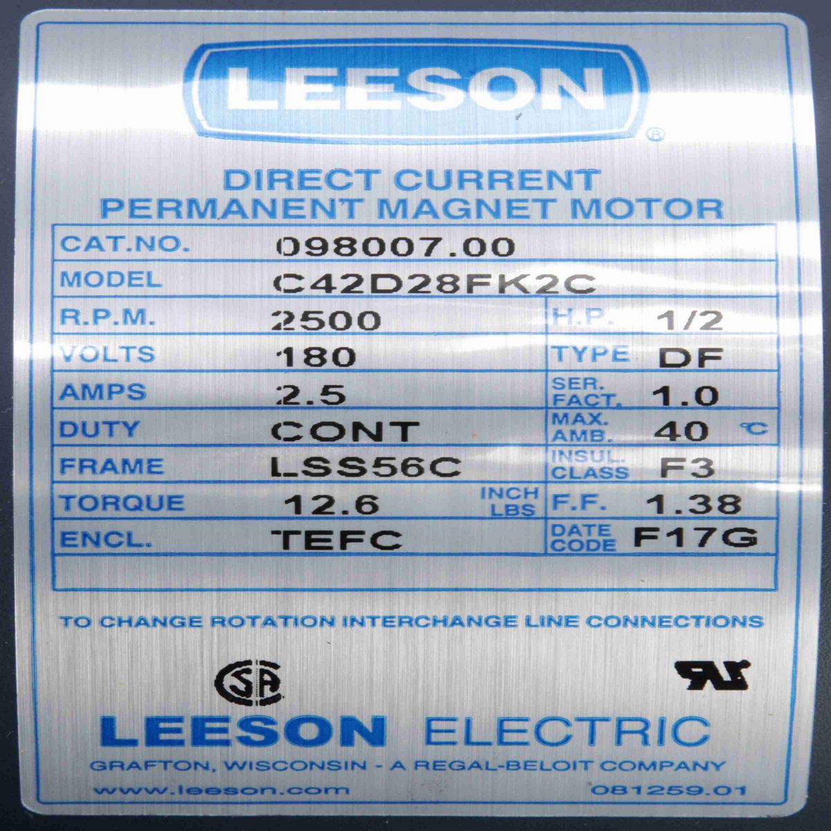 SCR Motor, 0.50 HP, 180 V, 2500 RPM, SS56C Frame, TEFC - 098007.00