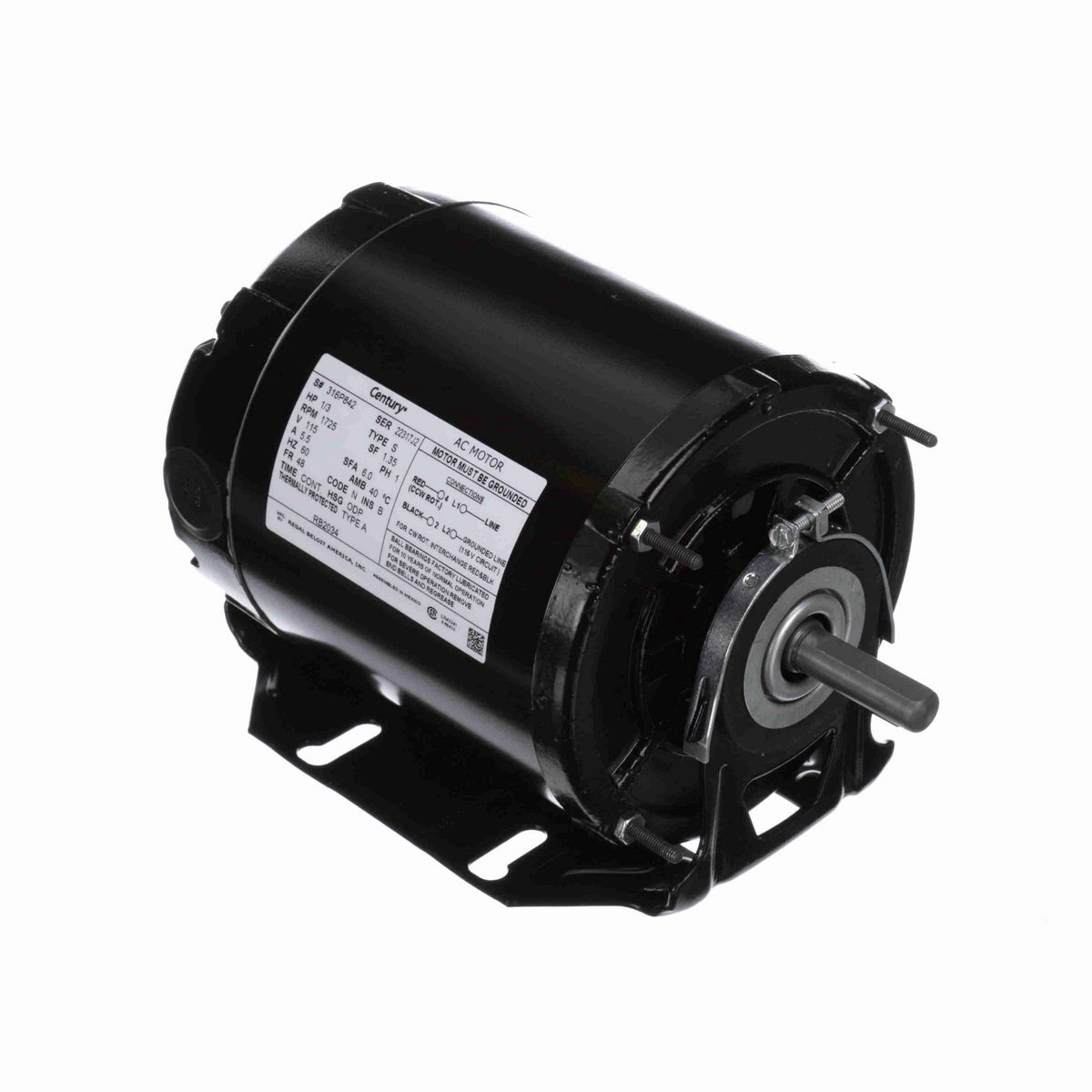 Fan and Blower Motor, 1/3 HP, 1 Ph, 60 Hz, 115 V, 1800 RPM, 48 Frame, ODP - RB2034