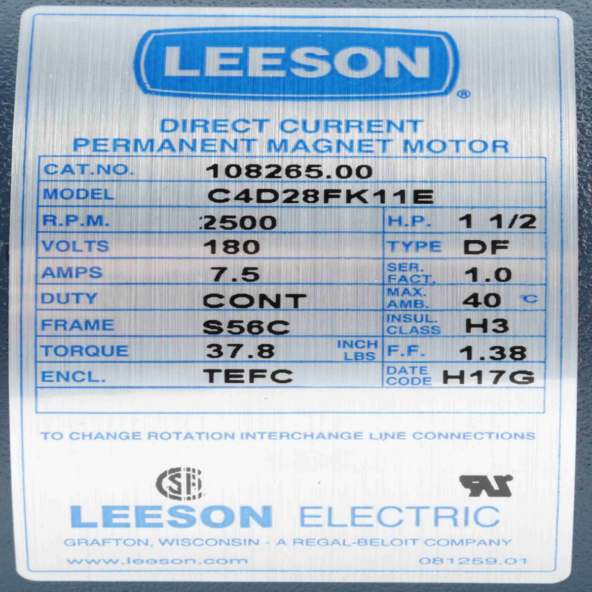 SCR Motor, 1.50 HP, 180 V, 2500 RPM, S56C Frame, TEFC - 108265.00